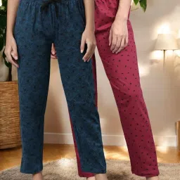 Kryptic Maroon & Light Blue Cotton Relaxed Fit Printed Lounge Pants - Pack of 2 image 2