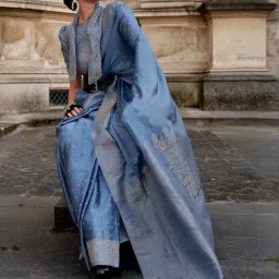 Odette Blue Silk Blend Woven Saree With Unstitched Blouse image 2