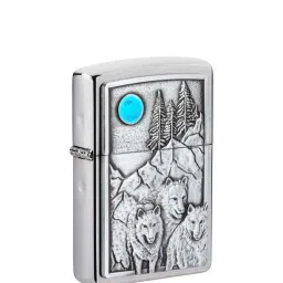 Zippo Chrome Brass Wolf Pack And Moon Emblem Design Windproof Pocket Lighter image 2