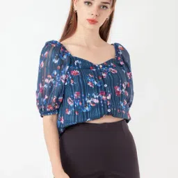 Zink London Navy Printed Crop Top-image-33