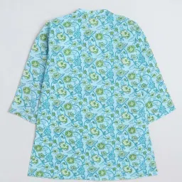 The Magic Wand Kids Turquoise Blue & White Cotton Floral Print Full Sleeves Kurta Set image 2