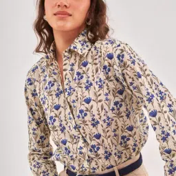 QOMN Cream Cotton Printed Shirt image 5