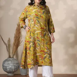 Globus Gloplus Women Yellow Shirt Collar Floral Print Button Detail Straight Plus Size Kurta-picture-12