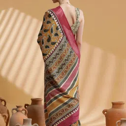 Saree Mall Mustard & Pink Printed Saree With Unstitched Blouse image 2