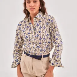 QOMN Cream Cotton Printed Shirt image 4