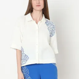 Vero Moda White & Blue Cotton Embroidered Shirt image 2