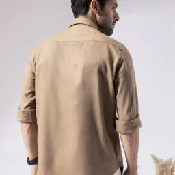 Perch Brown Linen Blend Slim Solid Casual Shirts image 2