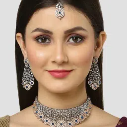 Karatcart Rose Gold-Plated Blue Cubic Zirconia Studded Choker Necklace Set for Women-image-5