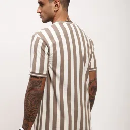 showoffff Showoff Olive & White Cotton Slim Fit Striped T-Shirt image 2