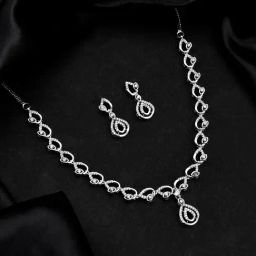 Voylla Silver Sparkling Essentials Teardrop Dazzle American Diamond Necklace & Earring Set-picture-45