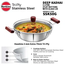 Hawkins Silver Tri-Ply Stainless Steel Deep Kadhai With Glass Lid (5000ml) image 2