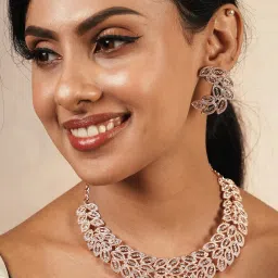 Fida Cute Rose Gold-Plated Leafy Shape American Diamond Party Wear Alloy Necklace Set for Women image 2