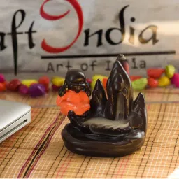 eCraftIndia Meditating Monk Buddha Smoke Fountain with 10 Backflow Cone Decorative Incense Holder image 1