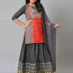 Aurelia Kids Red & Grey Floral Print Kurta Set image 4