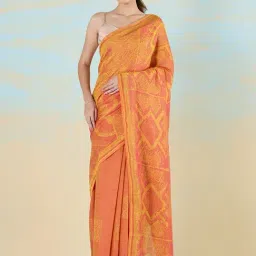 navyasa by liva Yellow & Pink Printed Saree With Unstitched Blouse-image-19