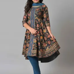 Aurelia Kids Black & Blue Floral Print Kurta Set image 3