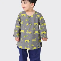 Fabindia Kids Grey & Navy Cotton Printed Full Sleeves Kurta Set image 1