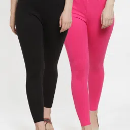 Gracit Black & Pink Mid Rise Leggings - Pack Of 2 image 1