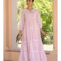 Scakhi Pink Cotton Mulmul Embroidered Tiered Maxi Dress-picture-39