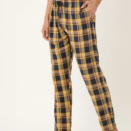 JAINISH Men Yellow & Navy Blue Checked Cotton Lounge Pants image 3
