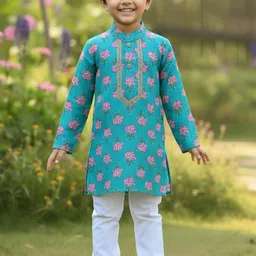 Baal Leela Boys Floral Printed Regular Thread Work Pure Cotton Kurta with Pyjamas image 4