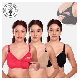 Elite Mom Pack Of 3 Solid Maternity Nursing Bra - Pink Beige & Black-picture-19