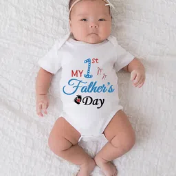 BLUSHES 100% Cotton Fathers Day Theme Full Sleeves My 1st Fathers Day Text Printed Onesie - White-picture-15
