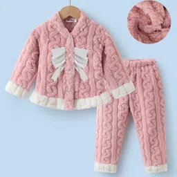 Kookie Kids Full Sleeves Winter Wear Night Suit With Bow Applique - Pink-picture-28