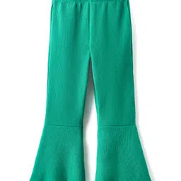 kookie kids india Kookie Kids Knit Full Length Wide Leg Solid Flared Pant With Rib & Stretch - Green-picture-15
