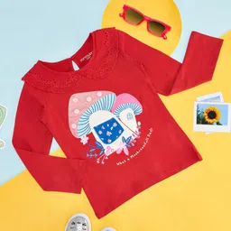 Pantaloons Junior Cotton Full Sleeves Schiffli Designed & Mushroom Printed Top - Maroon-image-0
