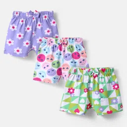 Babyhug Cotton Knit Mid Thigh Length Shorts with Floral & Smiley Print & Bow Applique Pack of 3 - White Green & Lavender-picture-21