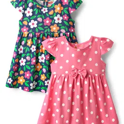 Babyhug Single Jersey Knit Cap Sleeves Polka Dot & Floral Printed Frocks With Bow Applique Pack of 2 - Pink & Navy Blue image 1