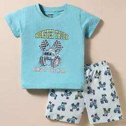 CUCUMBER Single Jersey Knit Half Sleeves Shorts Night Suit With Vehicles Print - Light Blue-picture-19