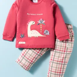 First Smile Interlock Knit Full Sleeves T-Shirt & Checks Lounge Pant Set With Animal Embroidery - Red-picture-10