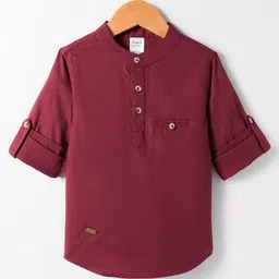 Simply Premium Cotton Woven Full Sleeves Mandarin Collar Solid Kurta Style Shirt - Maroon-image-69