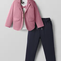 Rikidoos Full Sleeves Textured Blazer With Bow Applique Detailed Tee & Pant Set - Pink & White-picture-28