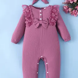 Mark & Mia Full Sleeves Winter Wear Romper With Floral Embroidery & Bow Applique - Purple-picture-12