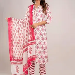 Jasoriya Floral Printed Mirror Work Notch Neck Pure Cotton Kurta with Trouser & Dupatta image 3