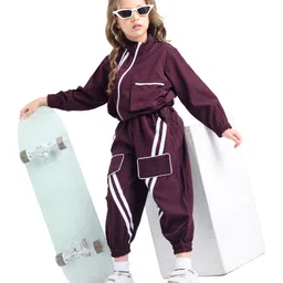 Ollington St. Woven Full Sleeves Front Zipper Jacket & Joggers Winter Wear Set With Stripes Detailing - Wine image 2