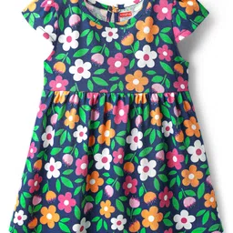 Babyhug Single Jersey Knit Cap Sleeves Polka Dot & Floral Printed Frocks With Bow Applique Pack of 2 - Pink & Navy Blue image 2