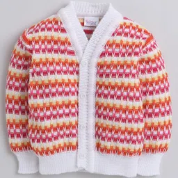 Little Angels Woollen Knit Full Sleeves Striped Sweater Set With Cap & Socks - White & Orange image 3