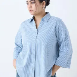 Gia by Westside Blue Striped Cotton-Blend Shirt-image-75