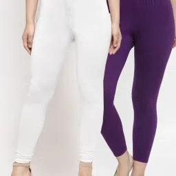 Gracit White & Purple Mid Rise Leggings - Pack Of 2 image 1