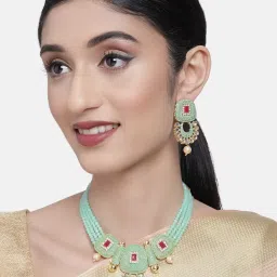 Zaveri Pearls Pastel Green Enamel Multistrand Beads & Pink Stones Necklace & Earring Set-ZPFK10253 image 2