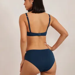 Clovia Blue Padded Underwired Full Coverage Balconette Bra And Mid Waist Hipster Panty- Lace image 2