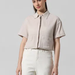 Only Beige Self Design Crop Shirt image 2
