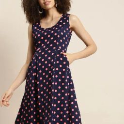 Qurvii Navy & Peach Polka Dot Skater Dress-picture-47
