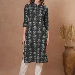 Fashor Black Pure Cotton Regular Fit Floral Print Kurta-image-8