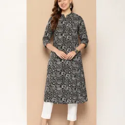 Amukti Black Rayon Floral Print A-Line Kurta-image-16