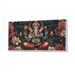 Nestroots Multicolor Canvas Lord Ganesha Divine Floral Wall Painting - Black Floating Frame image 2